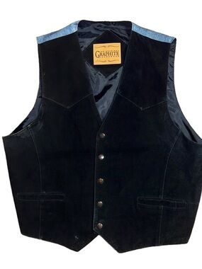 Graphite ~ Men’s Large ~ Vintage ~ Black Suede Leather W/ Denim Blue ~ Vest